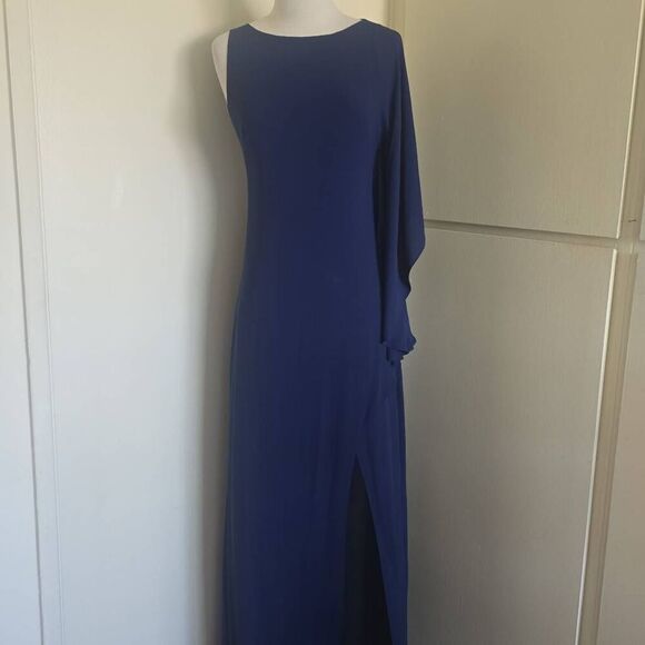 BCBGMaxAzria Janus Classic Navy One Shoulder Column Dress, Flutter Slv, EUC, S.4 - Picture 3 of 11